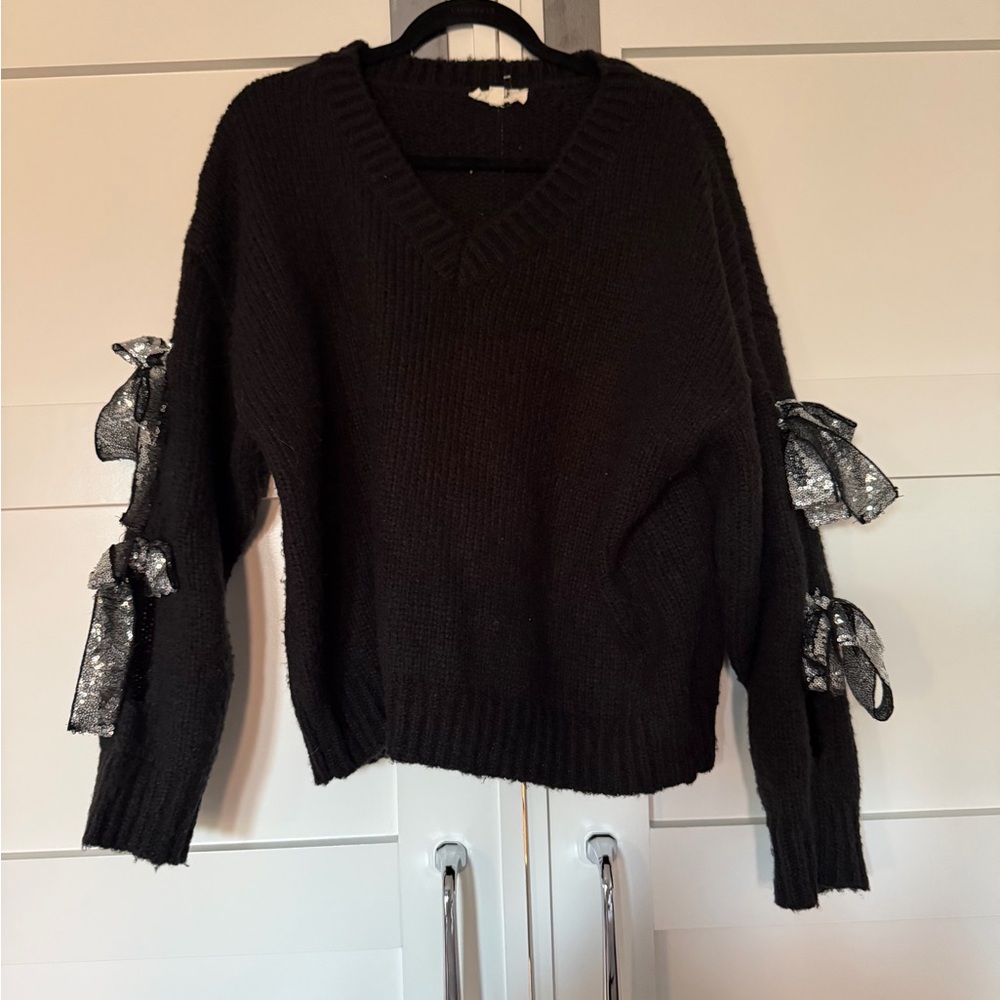 Entro Black V-Neck Sweater with Ribbon Accents